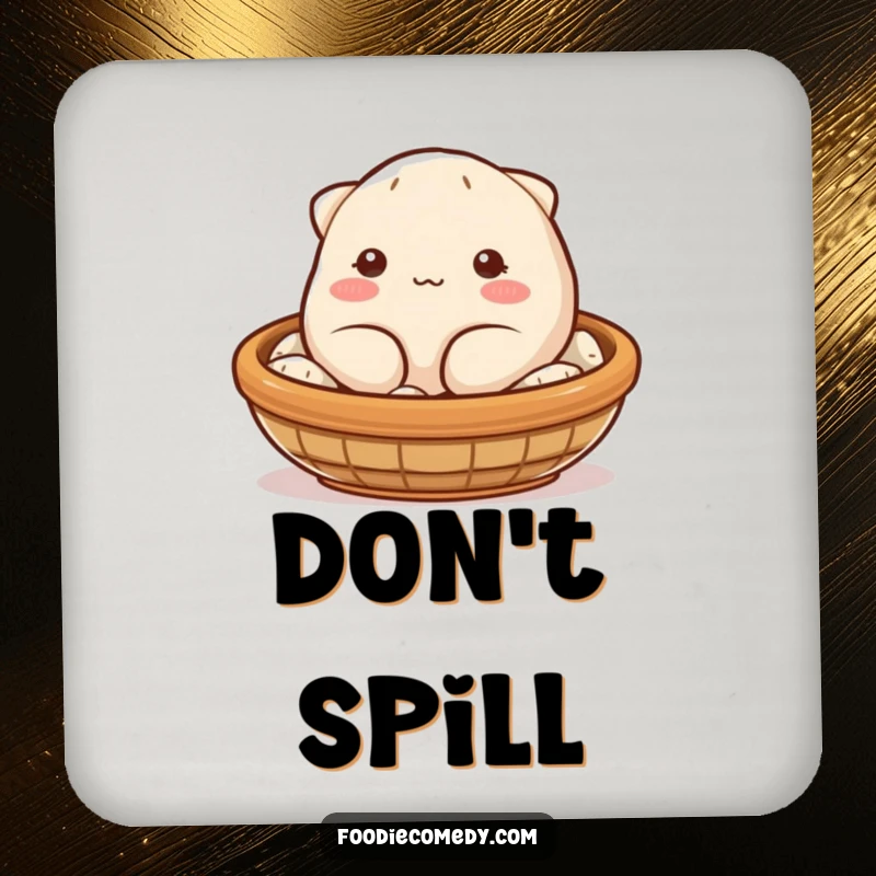 Funny dumpling coaster with a blushing, plump character winking from a steaming basket, adding a touch of humor to drink service.
