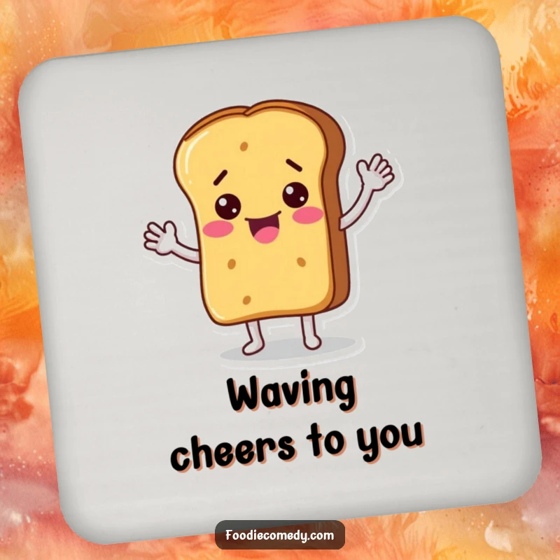 Funny drink coaster depicting a bread loaf character waving enthusiastically, providing surface protection with a cheerful and humorous design. A charmingly funny collectible.