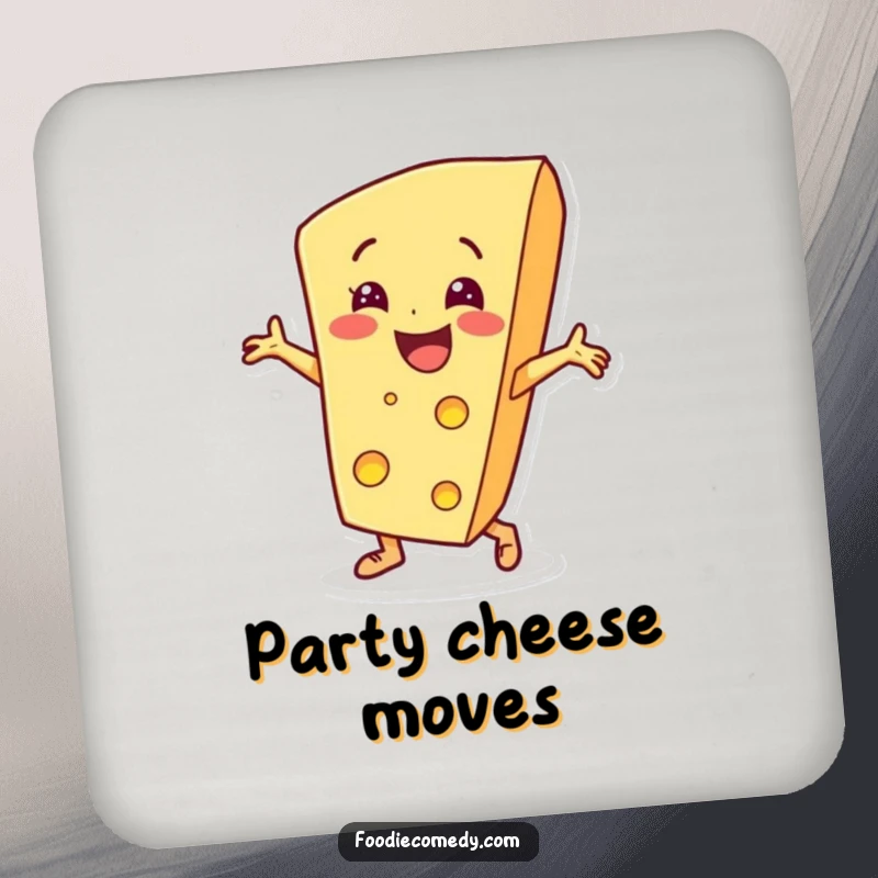 Funny cheese wedge character breakdancing on a drink coaster, adding cheesy humor to surface protection.