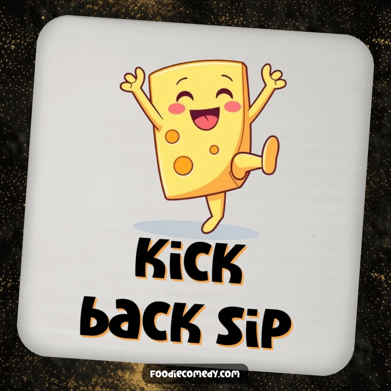 Funny smiling cheese wedge doing a high kick on a drink coaster, protecting tables with cheer.