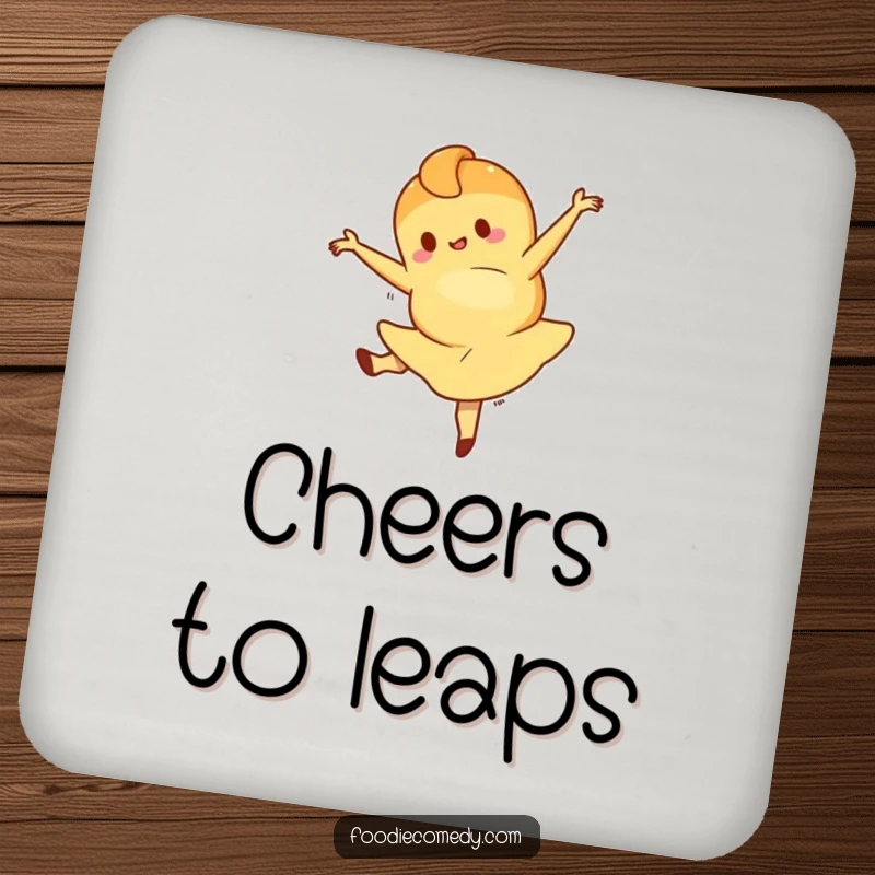 Funny drink coaster depicting a croissant character performing a ballet leap, providing surface protection with a splash of elegant, whimsical humor. A charmingly funny collectible.