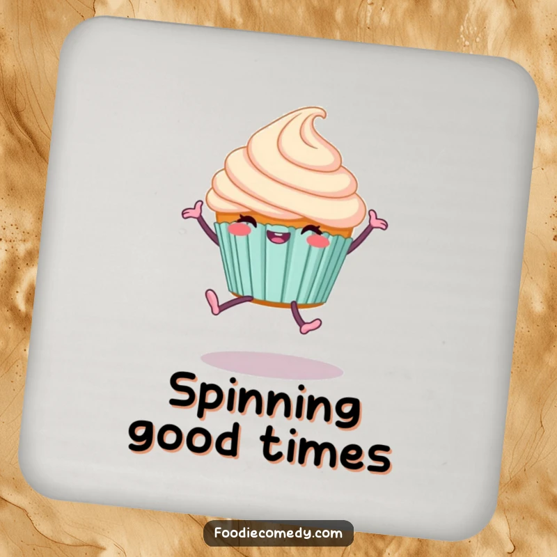 Funny Cupcake Cartwheel Coaster featuring a happy dessert doing a cartwheel, protecting furniture with sweet humor.