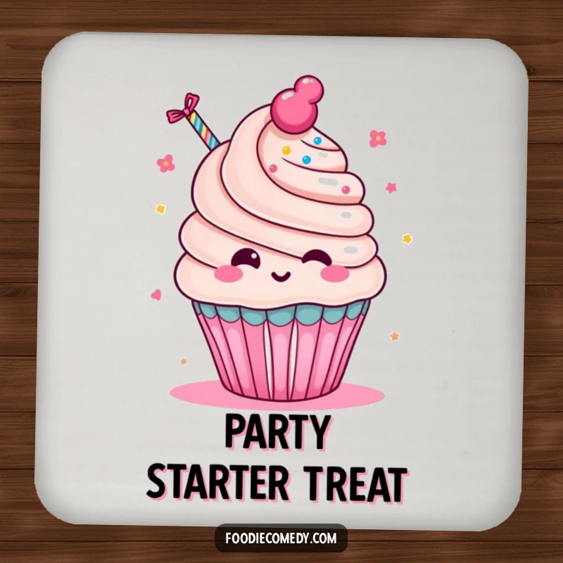 Funny Cupcake Party Coaster: A cute kawaii cupcake character gleefully blowing a party favor, adding fun to drink protection.
