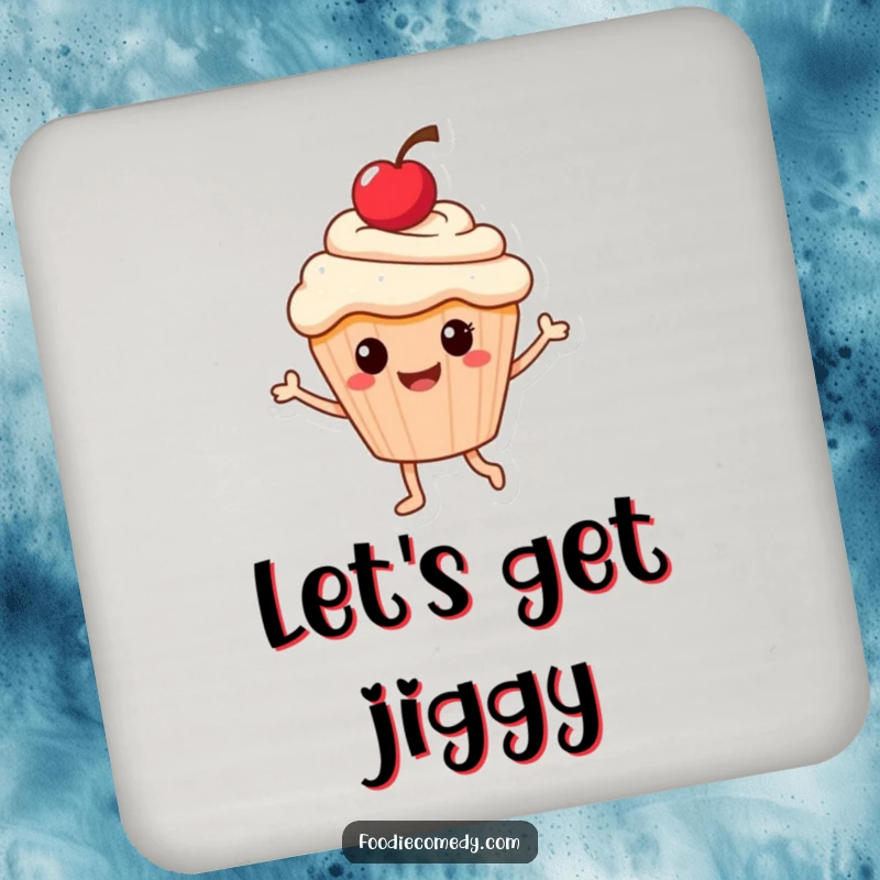 Funny drink coaster featuring a smiling cupcake character with a cherry, dancing joyfully, adding charm to any drink.