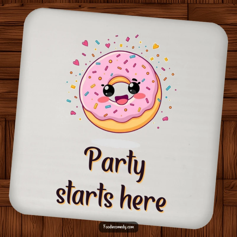 Funny drink coaster featuring a delighted donut character exploding with sugary confetti, adding a festive touch.