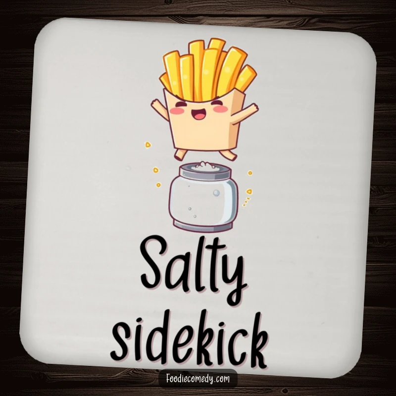 Funny French Fry Leap Coaster: A cute kawaii french fry character leaping over a salt shaker, adding humor to drink protection.