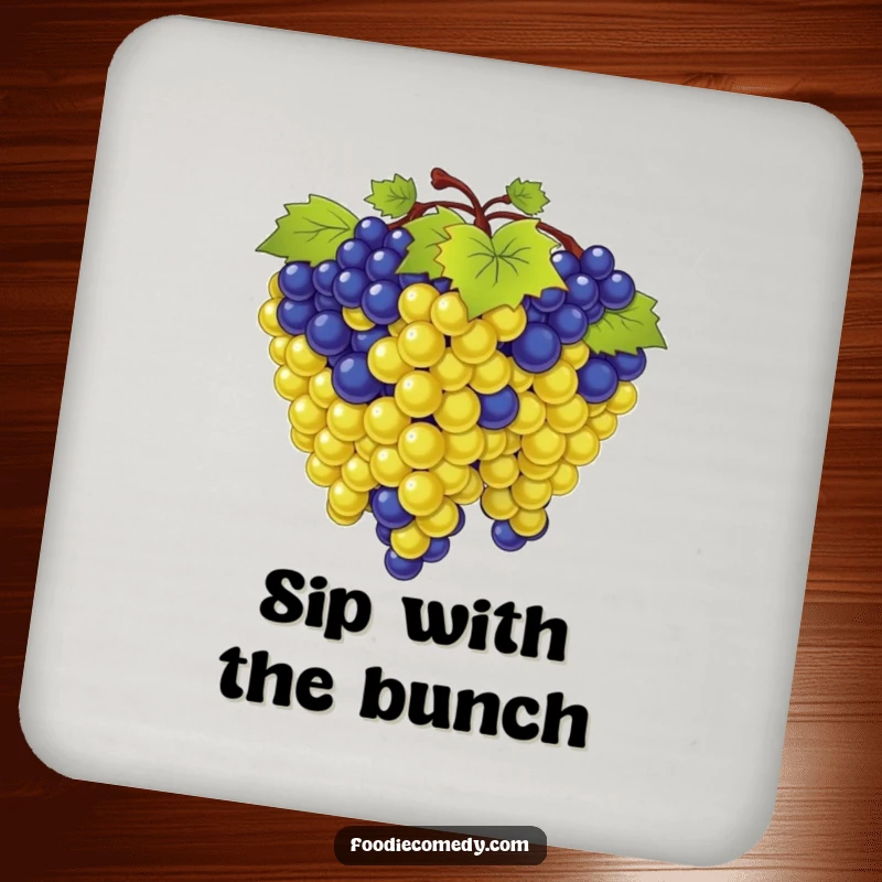 Funny drink coaster illustrating a bunch of grapes in a synchronized sway, adding a playful and rhythmic touch to any table.