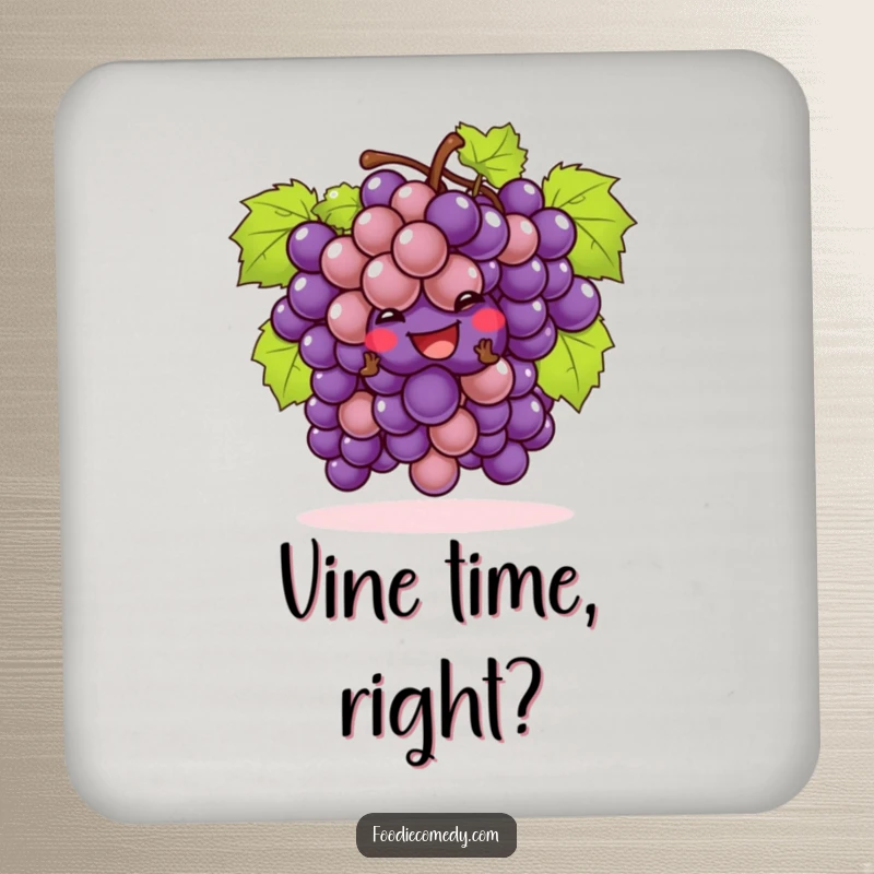Funny drink coaster, a bunch of grapes performing a playful cha-cha, protecting surfaces with fruity flair and comedic appeal.