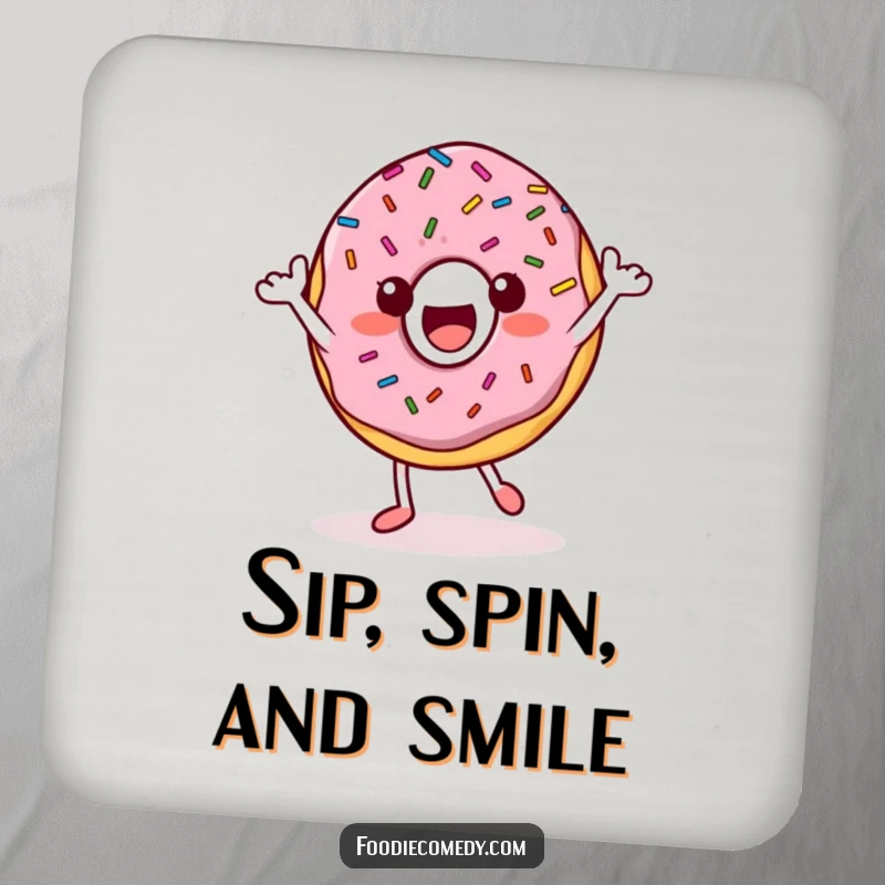 Funny Donut Coaster: A happy donut character with sprinkles dances, adding fun to any table.