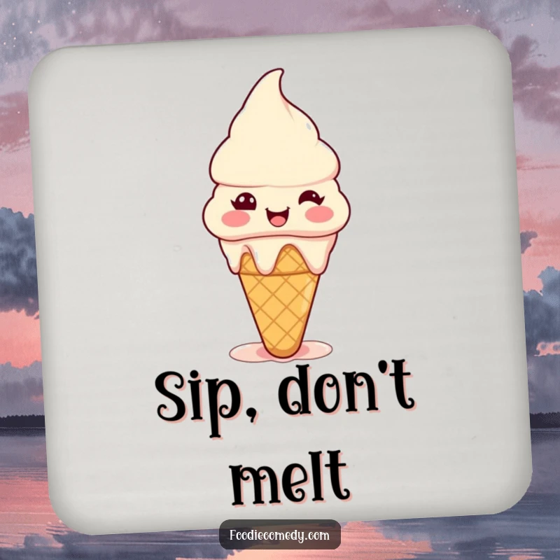 Funny ice cream cone coasters showcasing tiny happy cones melting slightly with pure joy, protecting surfaces with sweet humor.