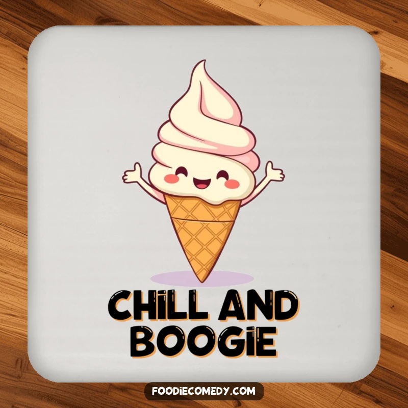 Funny drink coasters showcasing a happy ice cream cone character in a cheerful boogie dance, protecting surfaces with charm.