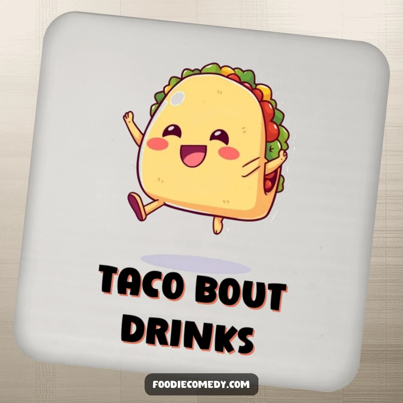 Funny drink coaster featuring a cheerful taco with tiny legs jumping in the air, protecting surfaces with festive humor.