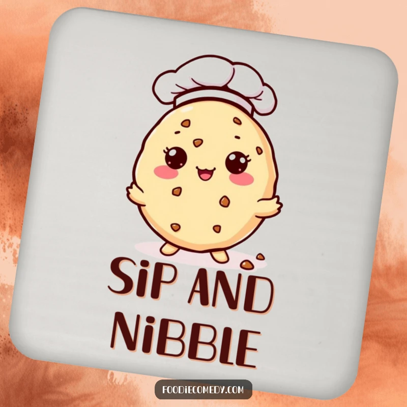 Funny Drink Coaster: A kawaii cookie wearing a chef hat offers tiny crumbs. A humorous and protective accessory.