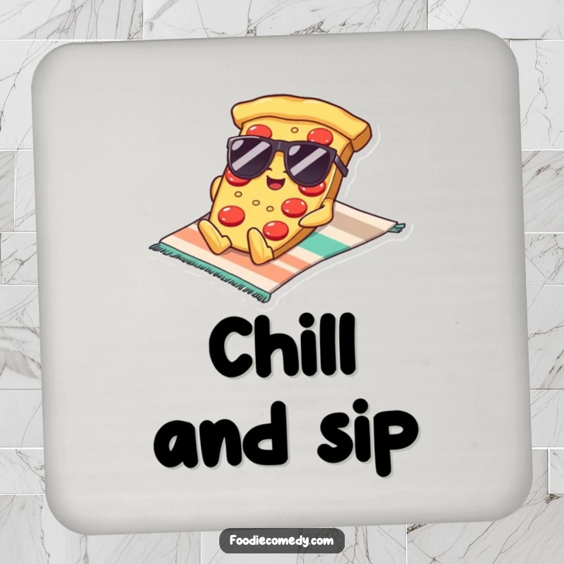 Funny Kawaii Pizza Sunglasses Drink Coaster: A coaster featuring a cool pizza slice in sunglasses lounging on a beach towel, adding humorous style.