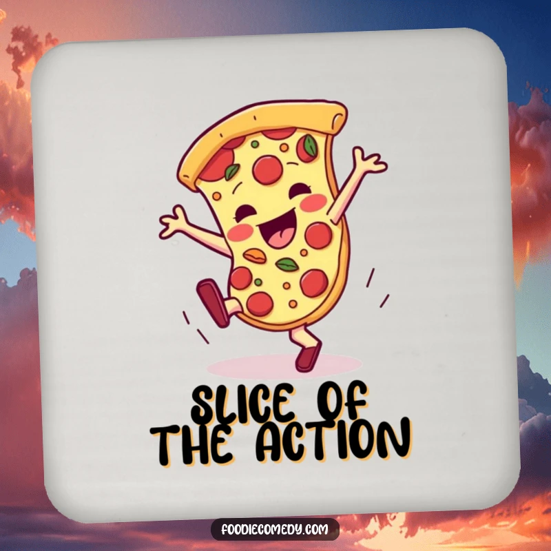 Funny pizza drink coasters, a slice breakdancing with toppings, protecting surfaces with foodie fun.