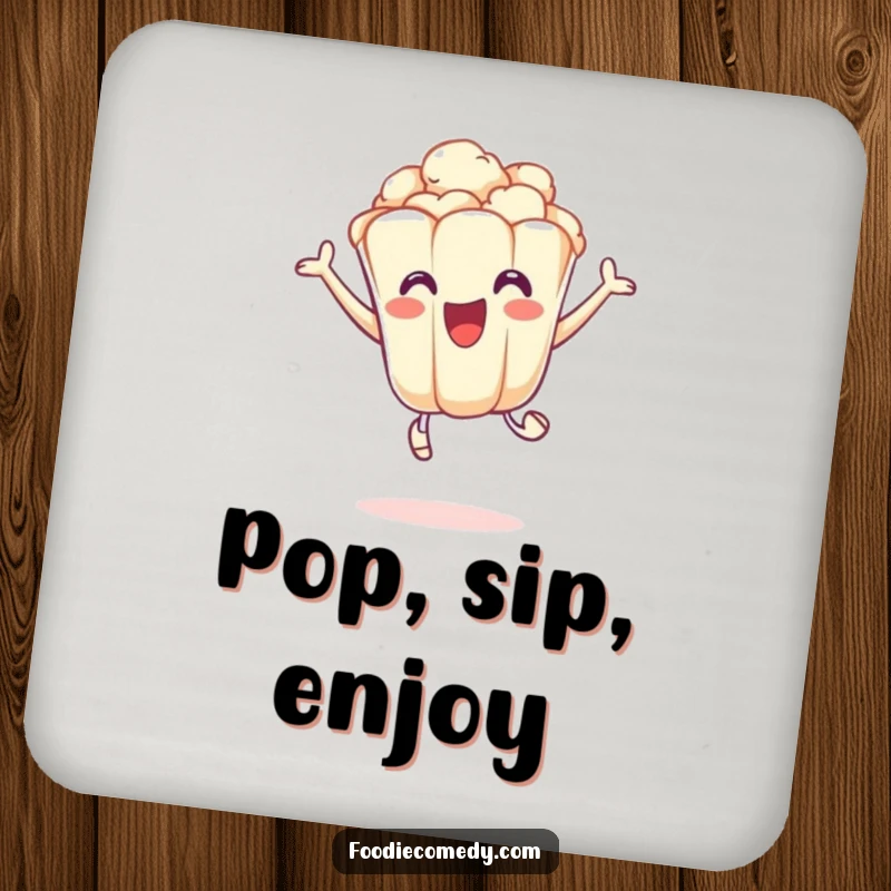Funny coasters featuring an excited popcorn kernel in a playful leap, adding energetic and humorous flair to tables.