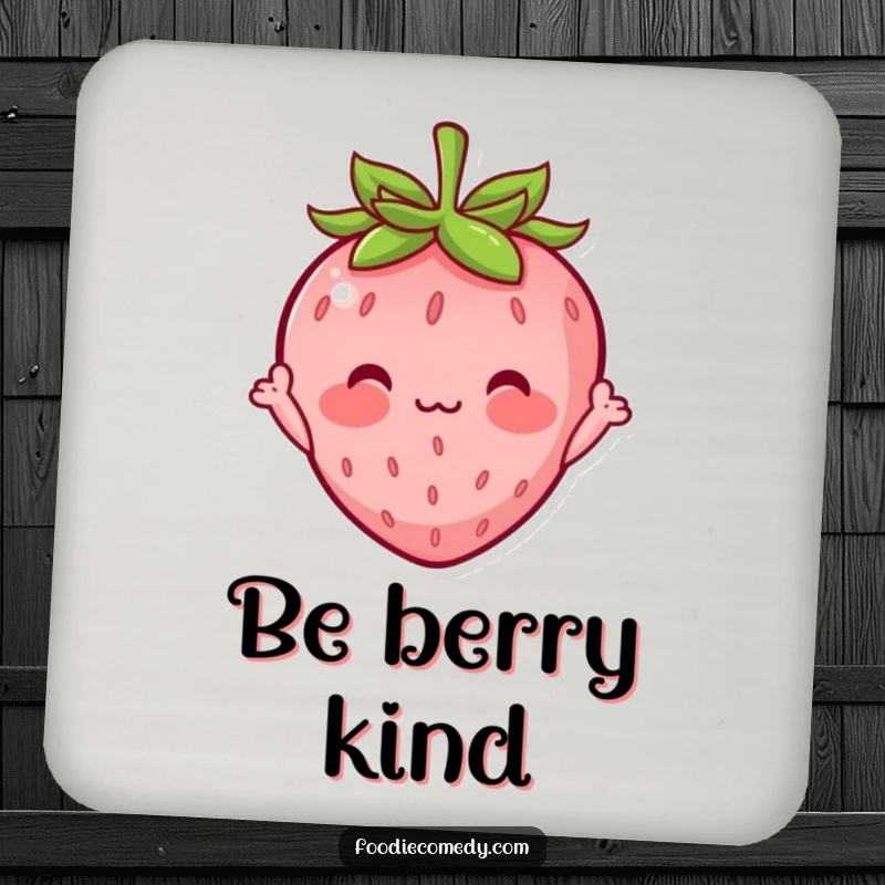 Funny drink coaster featuring a blushing strawberry character waving shyly, protecting surfaces with adorable bashfulness and humor.