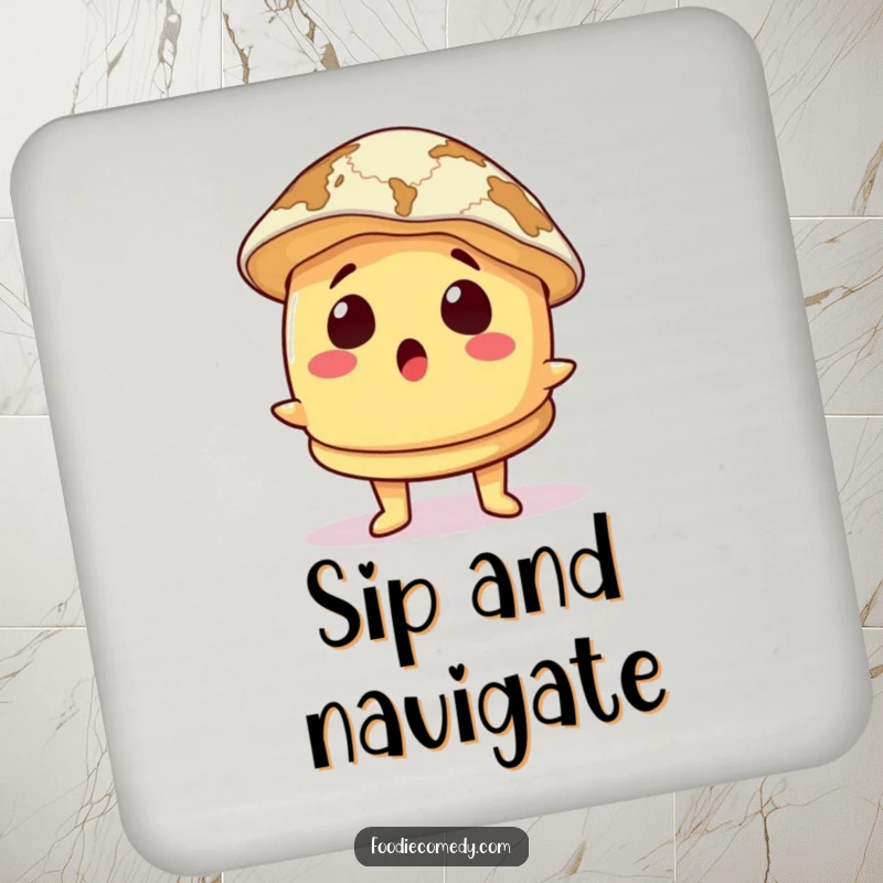 Funny Coaster: A surprised pancake character wears a map as a hat, protecting surfaces with a comical and adventurous design.