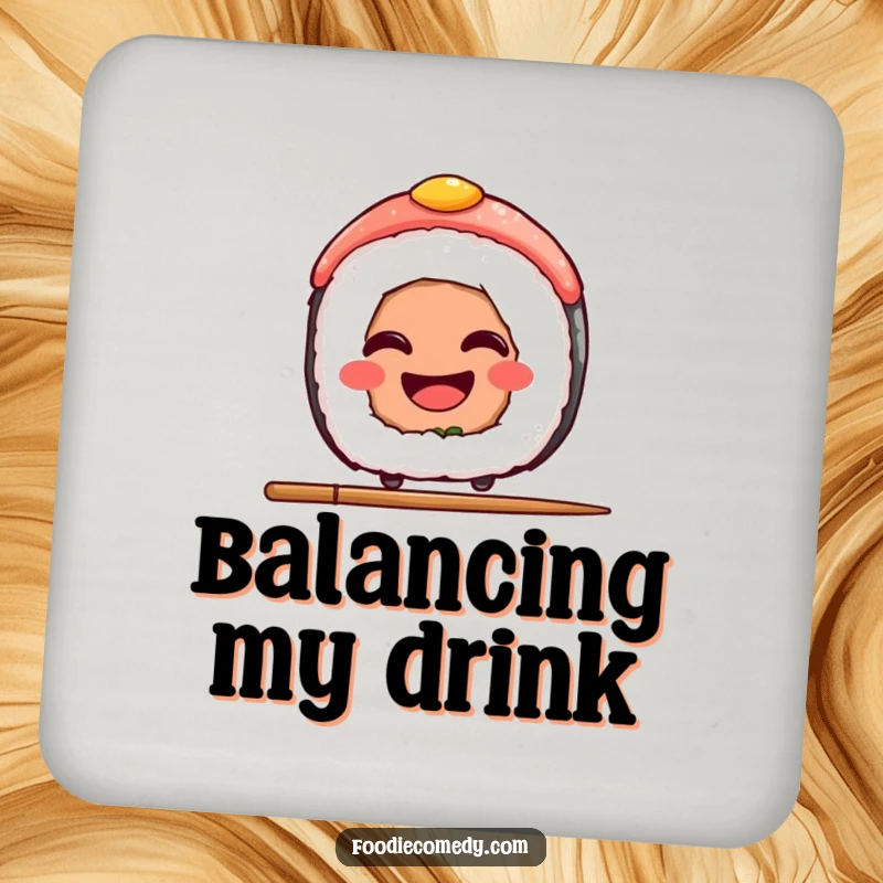 Funny Sushi Coasters: A set of coasters showcasing a grinning sushi slice balancing on a chopstick, adding a fun element to drink service.