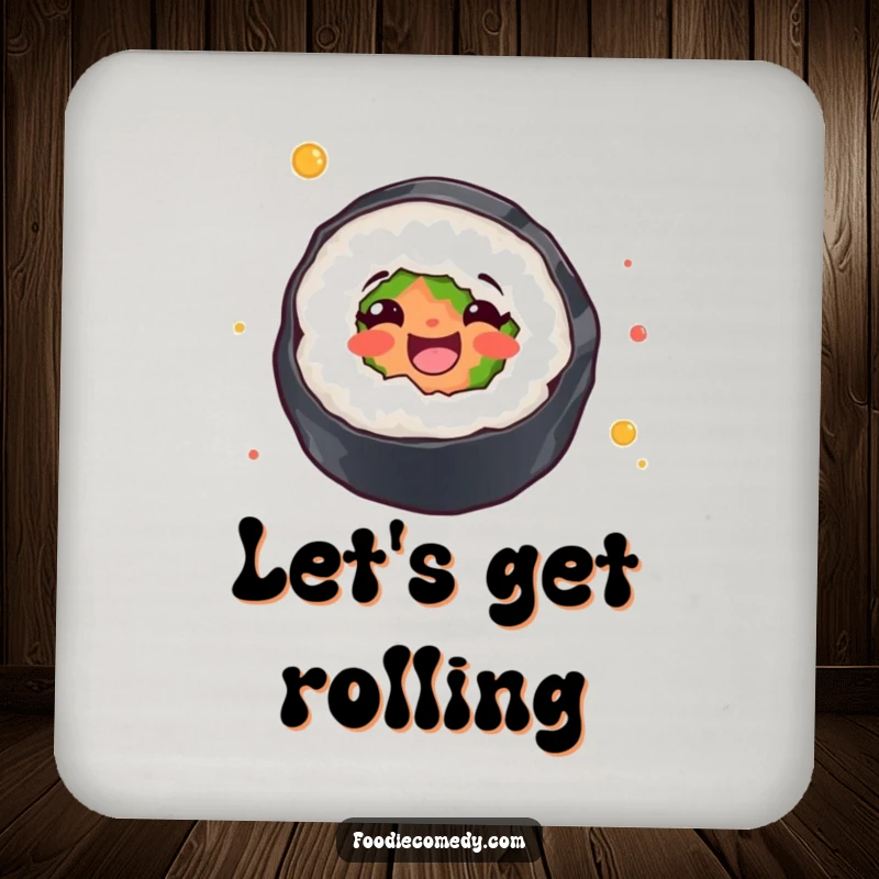 Funny coasters showcasing a sushi roll in a joyful twirl, adding a humorous and protective element to tables.