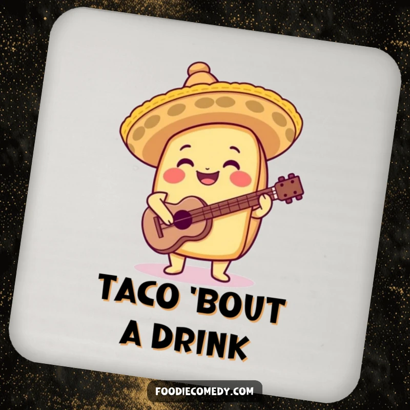 Funny taco coaster featuring a sombrero and guitar, designed to protect surfaces with festive flair.
