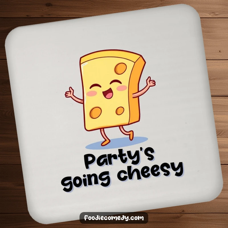 Funny coasters featuring a winking cheese slice performing the tango, ideal for protecting furniture with a humorous flair.