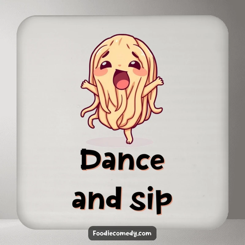 Funny wiggling noodle drink coasters, protecting surfaces with a dancing pasta character design.