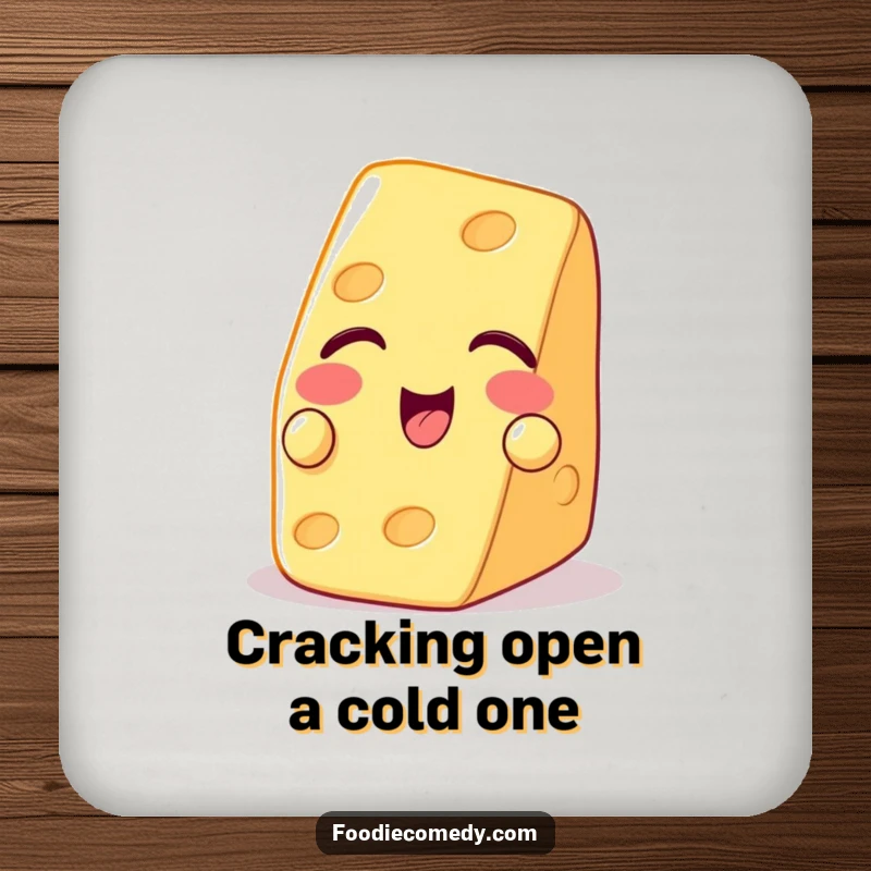 Funny drink coaster showing a piece of cheese winking with a cracker, preventing spills.
