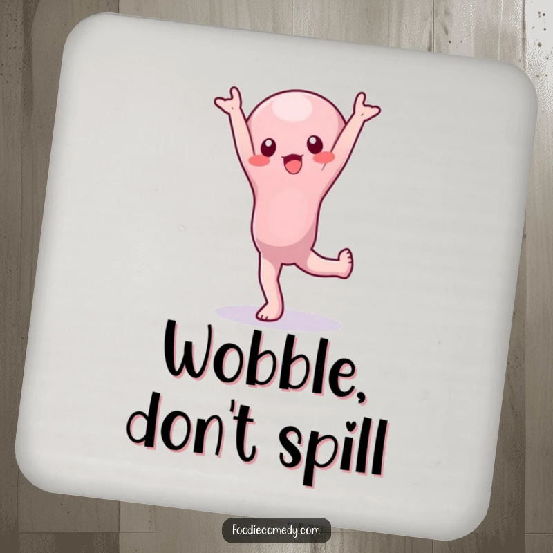 Funny Coaster: A wobbly jelly character performs a shaky handstand, protecting surfaces with a humorous, unstable design.