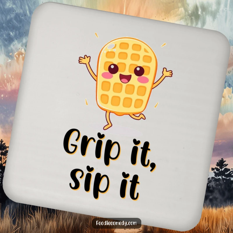 Funny Happy Waffle Coaster: A waffle performing aerobics provides humorous and practical surface protection.