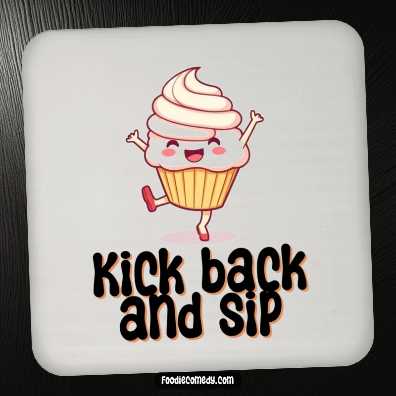 Funny drink coaster showcasing an exuberant cupcake doing a lively kick, adding a humorous touch and protecting surfaces.