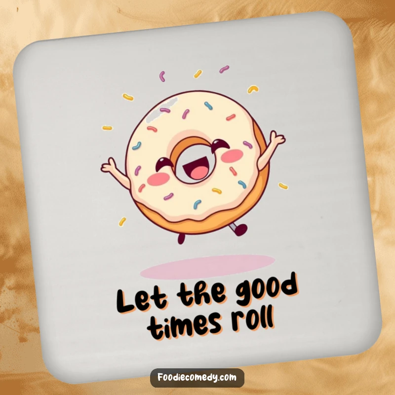 Funny drink coaster showing a happy donut leaping with sprinkles, adding sweet flair.