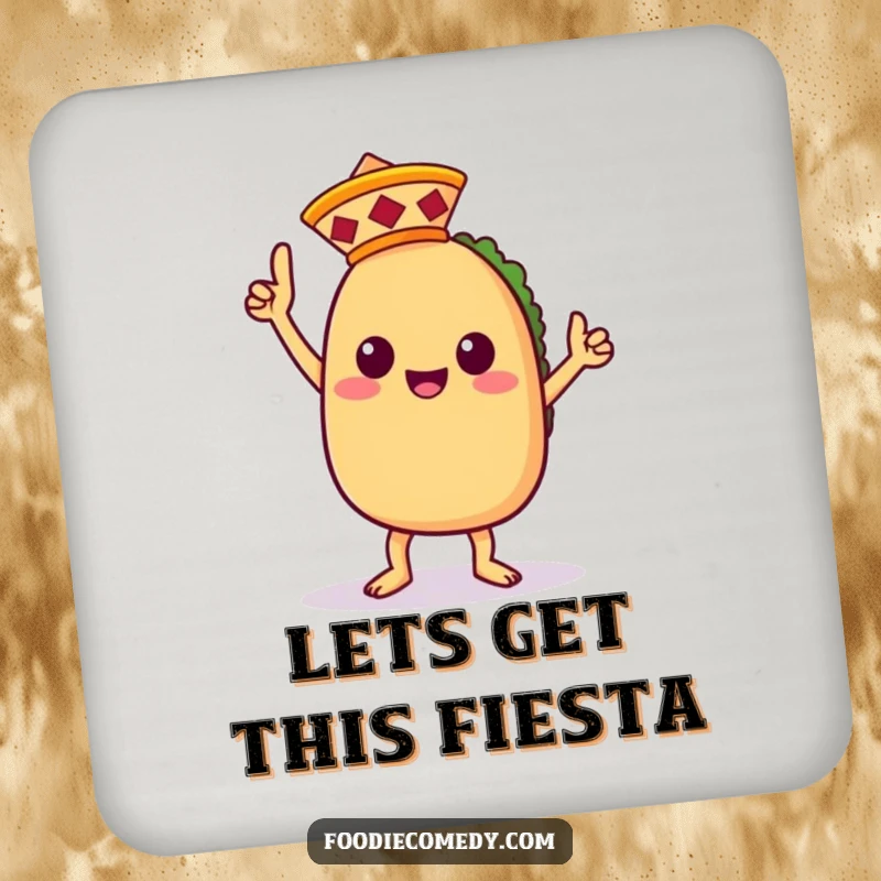 Funny drink coaster with a kawaii taco character doing a celebratory victory dance, wearing a small sombrero, for table protection.