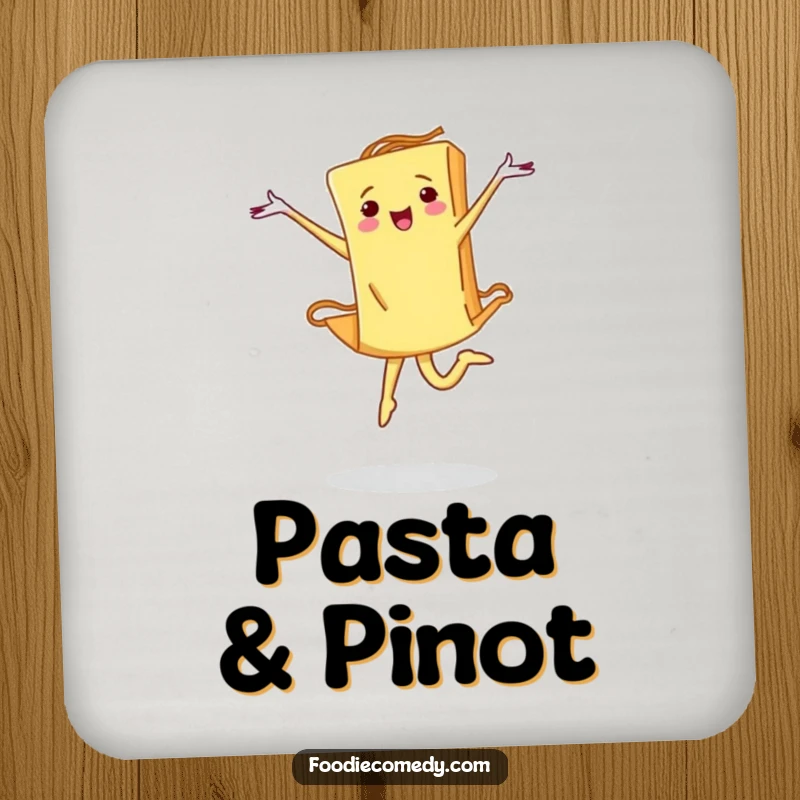 Funny pasta drink coaster showing a determined piece of pasta in a ballet leap, adding artistic delight and protecting surfaces.