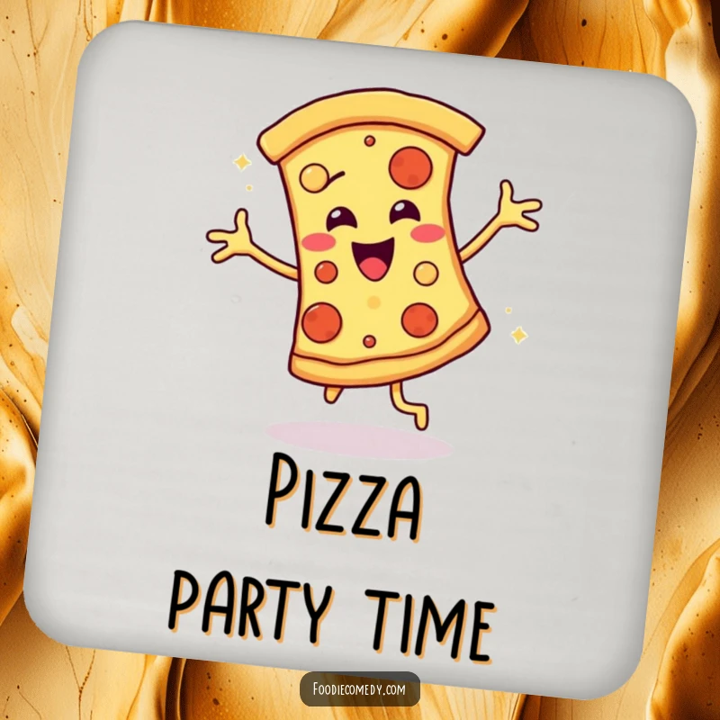 Funny drink coasters featuring a pizza slice doing a disco dance, adding humor and protection to your surfaces.