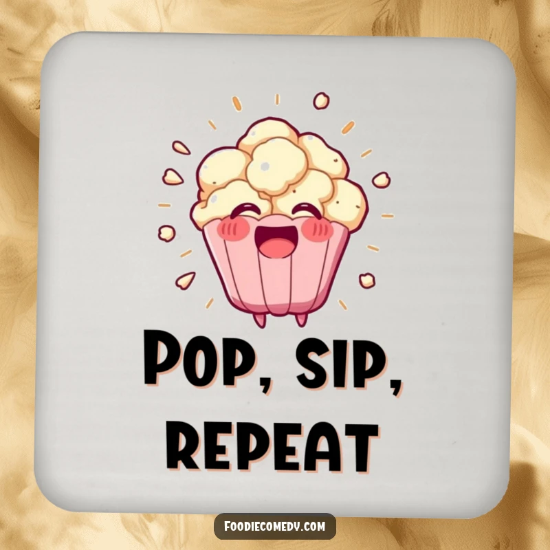 Funny kawaii popcorn kernel exploding into a happy burst on these drink coasters, a set of humorous and protective tableware.