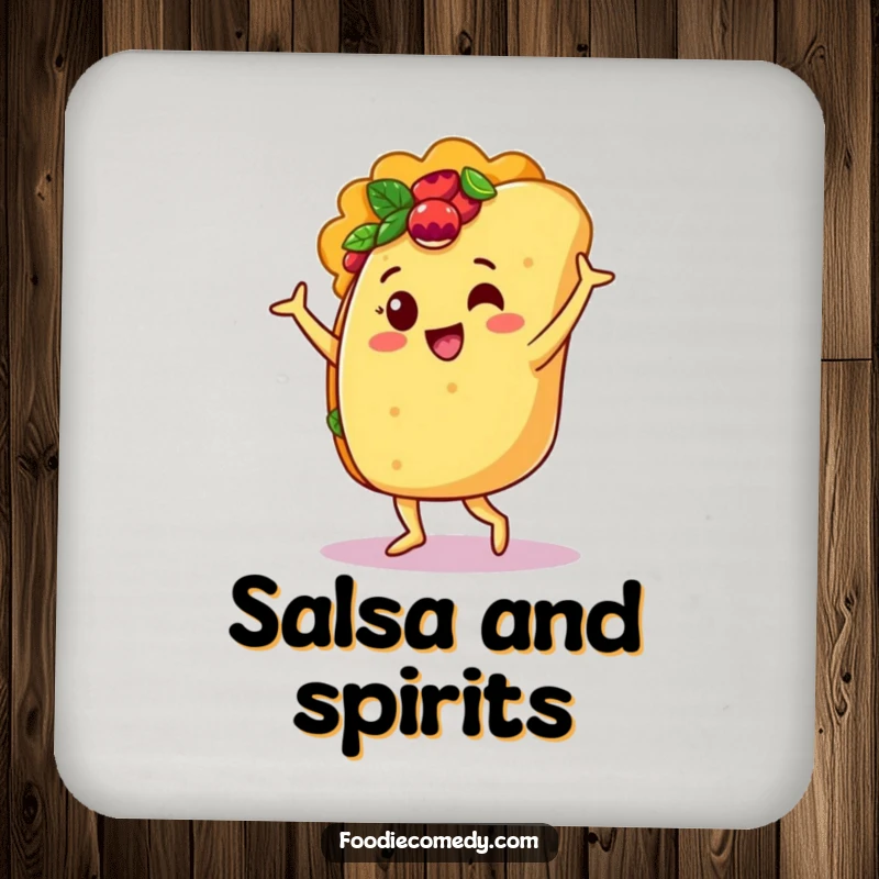 Funny drink coasters showcasing a jubilant taco character in a salsa dance pose, protecting surfaces with style.