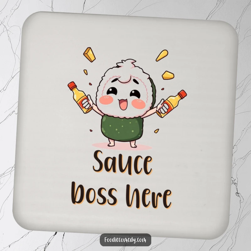 Funny sushi character enthusiastically juggling spicy mayo bottles, a drink coaster featuring a culinary performer for table protection.