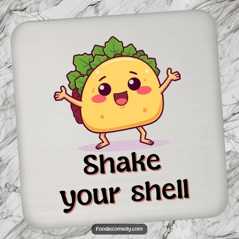 Funny groovy taco coaster featuring a dancing taco, protecting surfaces with humorous food and dance flair.