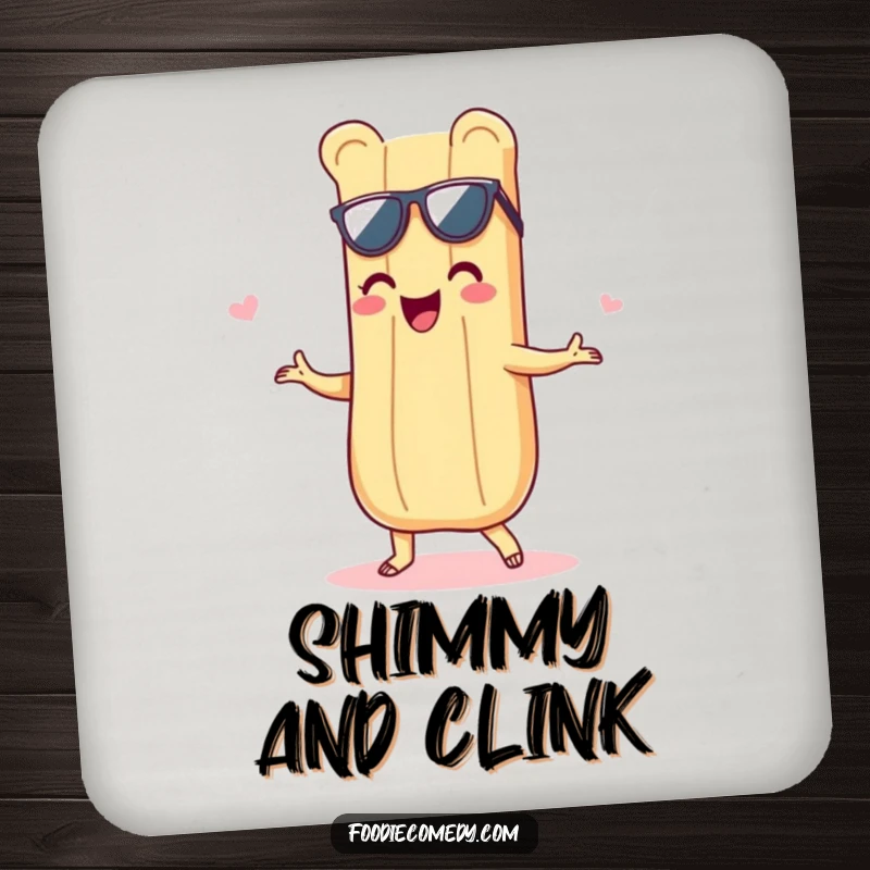 Funny drink coaster with a delighted baguette grooving with a shimmy, adding a touch of culinary humor and protecting surfaces.