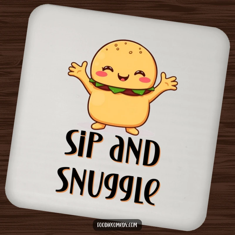 Funny burger coasters, a happy burger character with arms outstretched, offering a humorous and protective embrace.