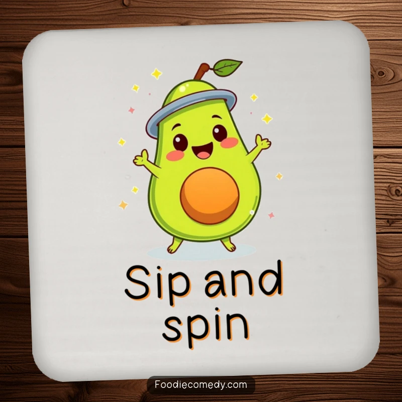 Funny delighted avocado doing a disco spin on a drink coaster, protecting tables with groovy style.