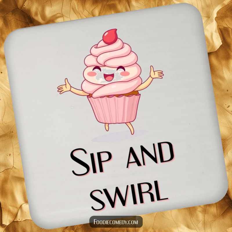 Funny drink coasters with a delighted cupcake hilariously performing a whimsical folk dance, offering surface protection.