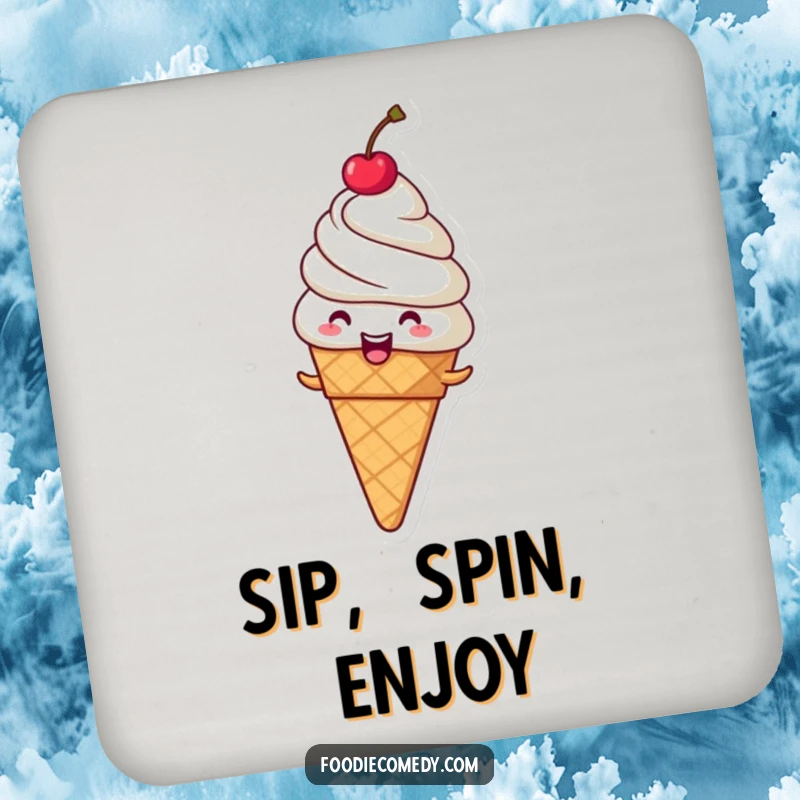 Funny giggling ice cream cone drink coasters, protecting surfaces with a spinning dessert design.