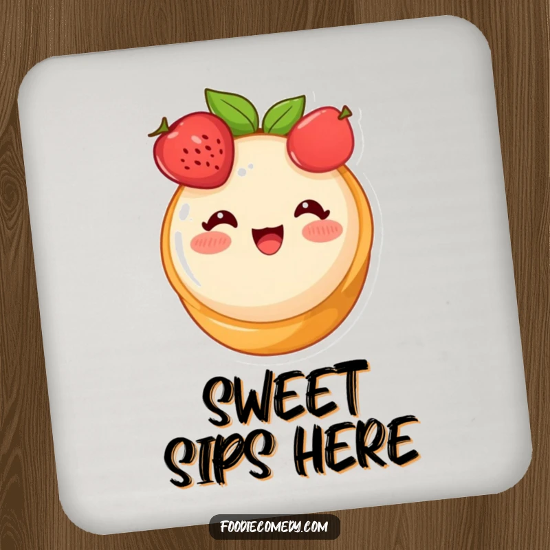 Funny fruit tart coasters, a cute dessert character blushing with delight, protecting surfaces with sweetness.