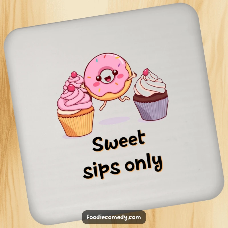 Funny Kawaii Donut Drink Coaster: A cute coaster showcasing a leggy donut joyfully leaping, adding a humorous and sweet touch to your drink.