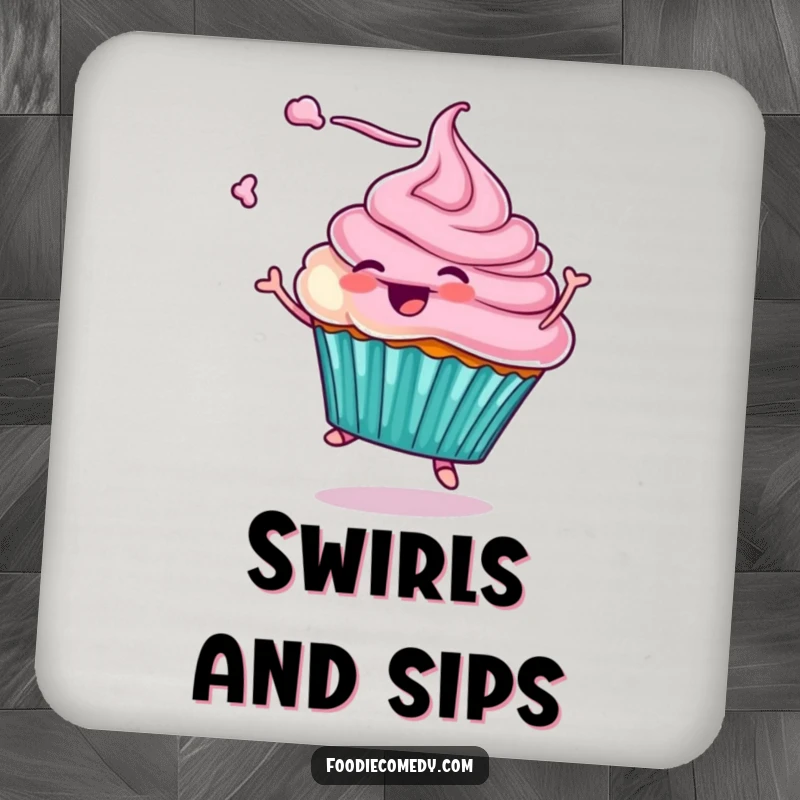 Funny drink coaster depicting a cupcake character twirling with frosting flying, providing surface protection with a splash of sweet, whimsical humor. A charmingly funny collectible.