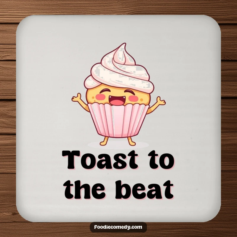 Funny laughing cupcake drink coaster with a cheerful cupcake character, hopping to a beat while protecting surfaces.