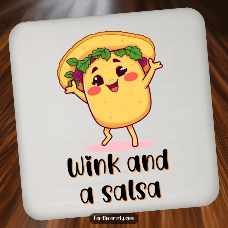 Funny taco drink coasters, humorously salsa dancing with a wink, protecting surfaces with fiesta flair.