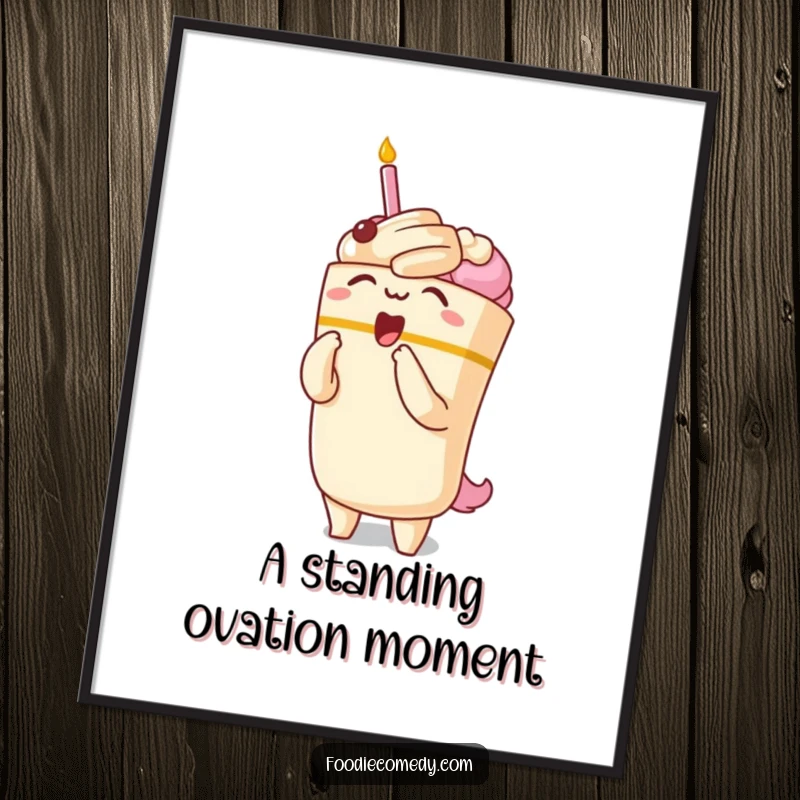 Funny poster art of a kawaii cake character executing a dramatic opera bow, adding a touch of theatrical humor.